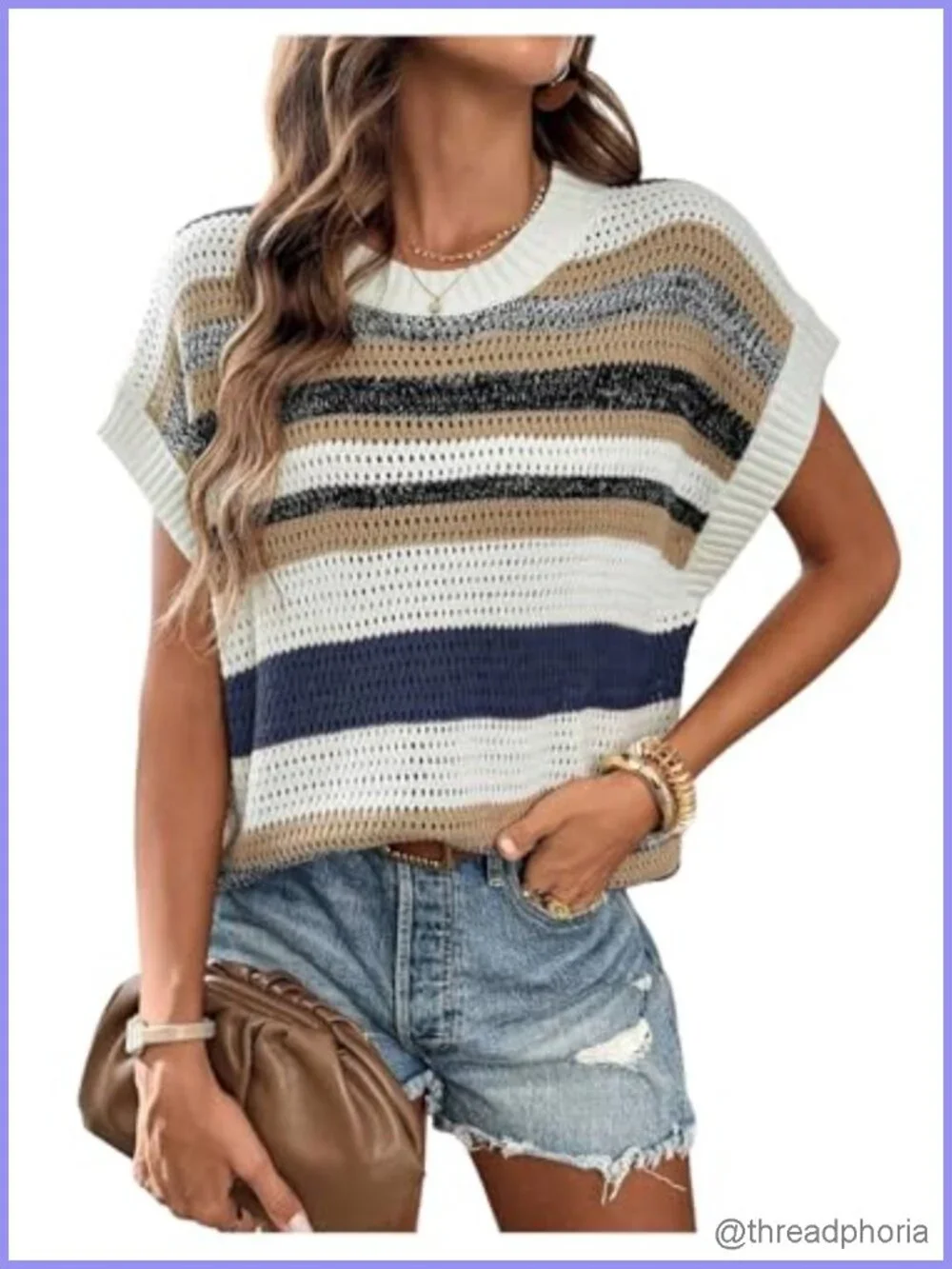 Women's Striped Oversized Hollow Out Crochet Crew Neck Pullover Sweater